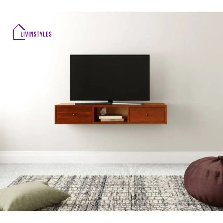 Jatin Wallshelf | tv unit with two drawer in Honey finish
