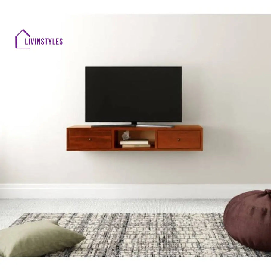 Jatin Wallshelf | tv unit with two drawer in Honey finish