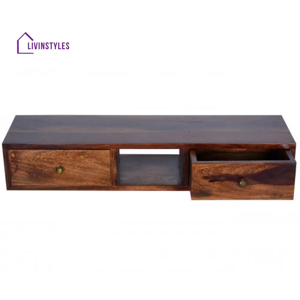 Jatin Wallshelf | tv unit with two drawer in Honey finish
