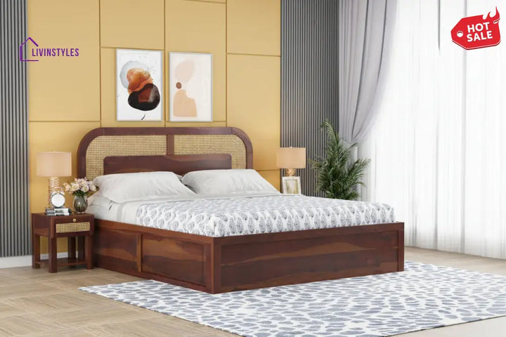 Jay Sheesham Wood Cane Bed With Hydraulic Storage - King Size
