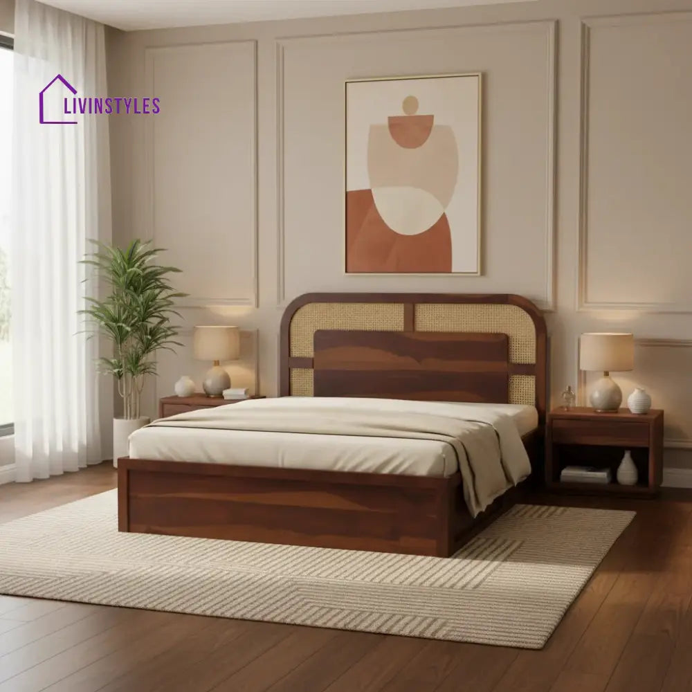 Jay Sheesham Wood Cane Bed With Hydraulic Storage - King Size