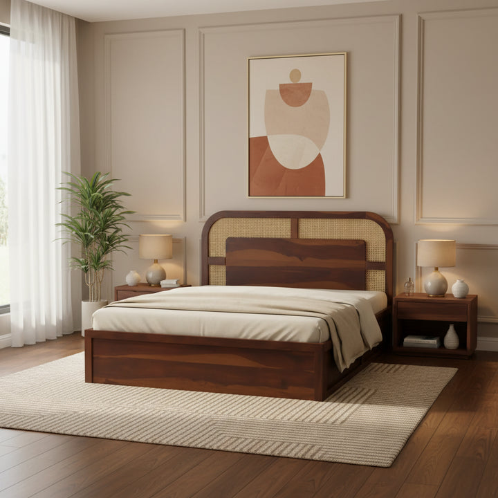 Jay Sheesham Wood Cane Bed With Hydraulic Storage - King Size