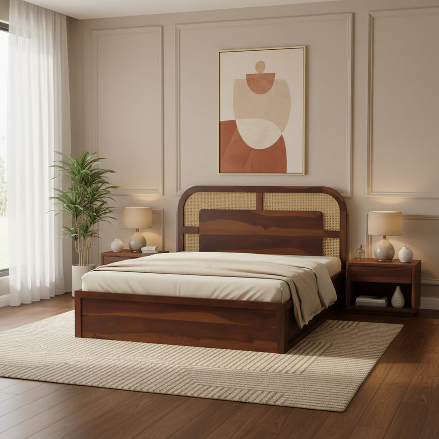 Jay Sheesham Wood Cane Bed With Hydraulic Storage - King Size