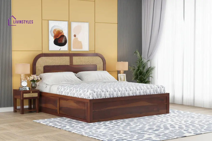 Jay Sheesham Wood Cane Bed With Hydraulic Storage - King Size