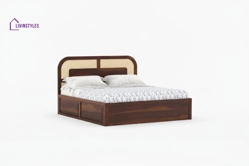 Jay Sheesham Wood Cane Bed With Hydraulic Storage - King Size