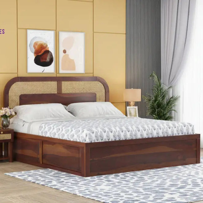 Jay Sheesham Wood Cane Bed With Hydraulic Storage - King Size