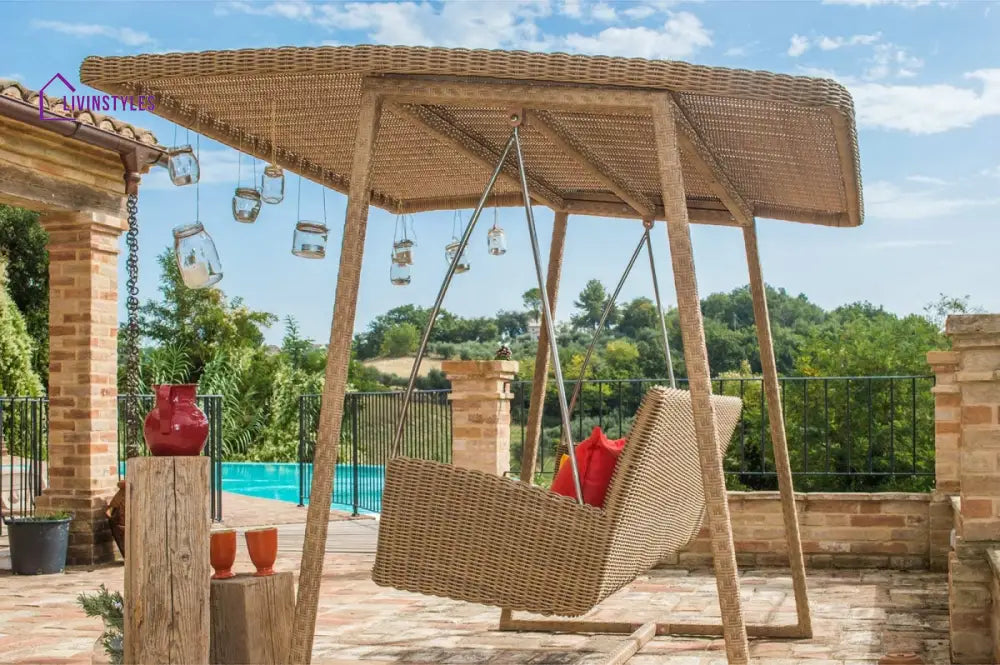 Jazz Three Seater Hanging Swing With Stand For Balcony Garden Swing (Tan) - Swings