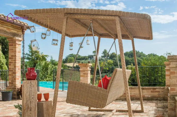 Jazz Three Seater Hanging Swing With Stand For Balcony Garden Swing (Tan) - Swings