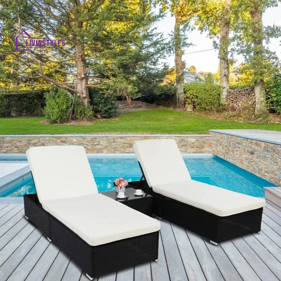 Jean Outdoor Swimming Poolside Lounger (Set of 2) With 1 Side Table (Black +White) - Loungers