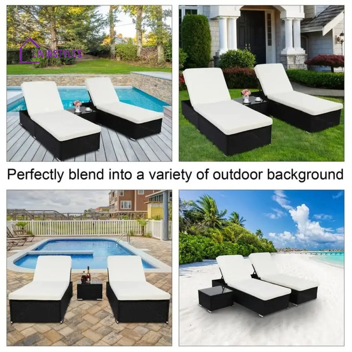 Jean Outdoor Swimming Poolside Lounger (Set of 2) With 1 Side Table (Black +White) - Loungers
