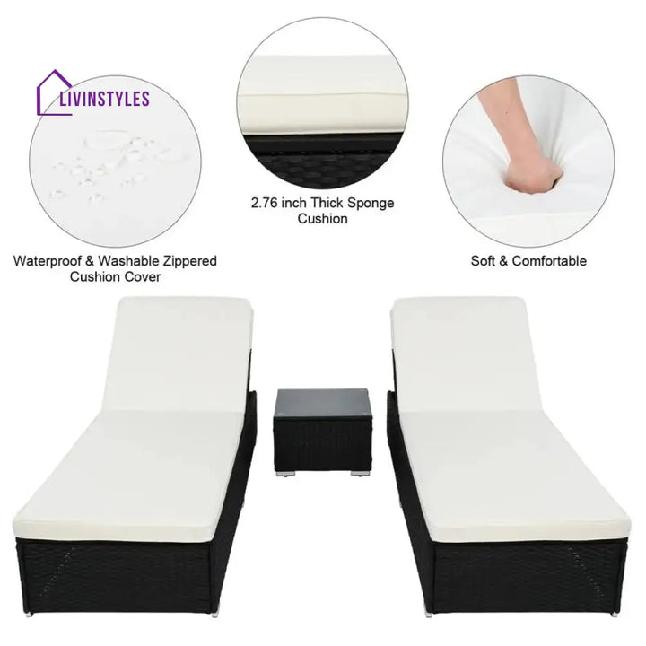 Jean Outdoor Swimming Poolside Lounger (Set of 2) With 1 Side Table (Black +White) - Loungers