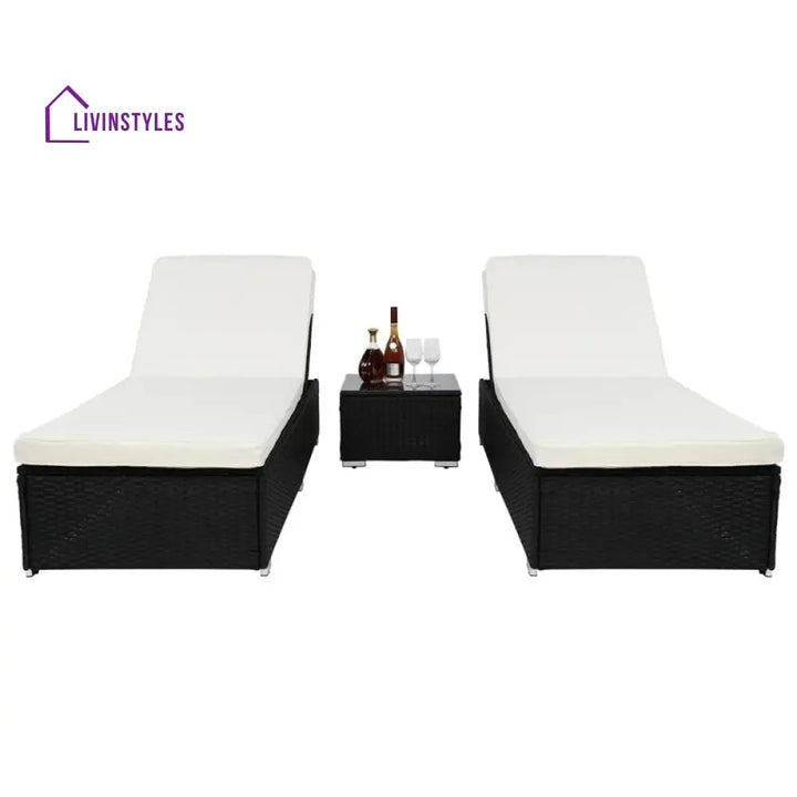 Jean Outdoor Swimming Poolside Lounger (Set of 2) With 1 Side Table (Black +White) - Loungers