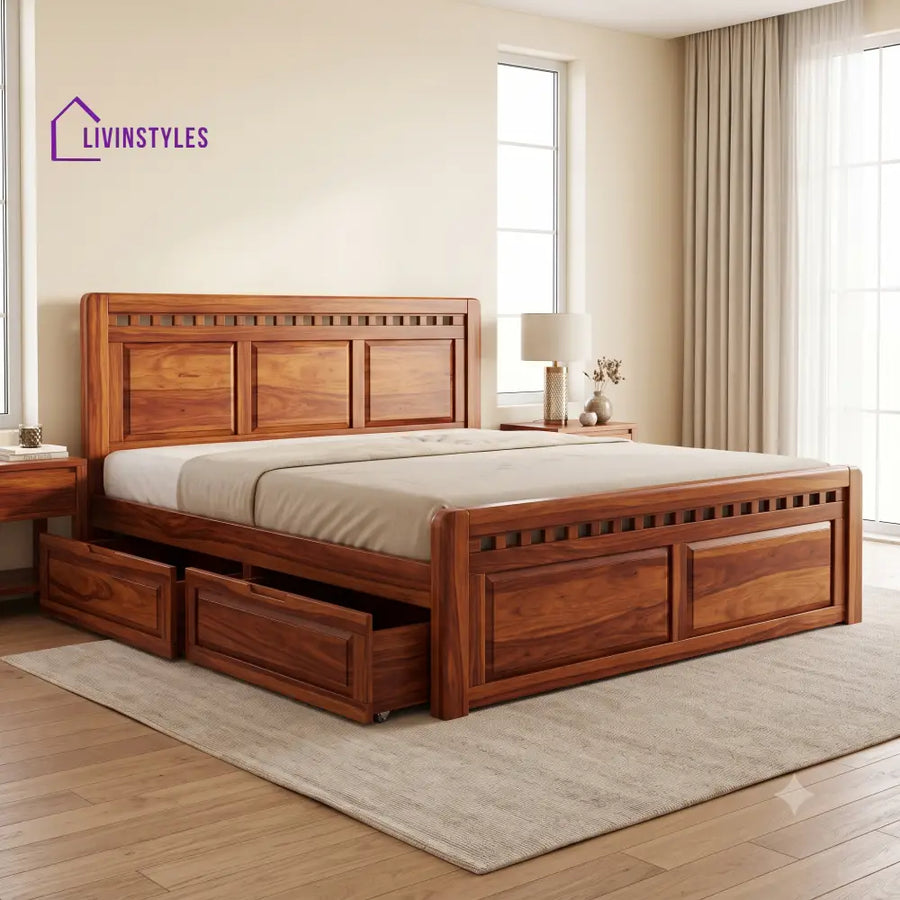 Jeanne Premium Wooden Bed with Drawer Storage | King Size Bed & Queen Size Bed Online