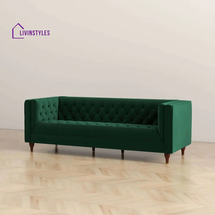 Jeevan Green Three Seater Velvet Sofa For Living Room