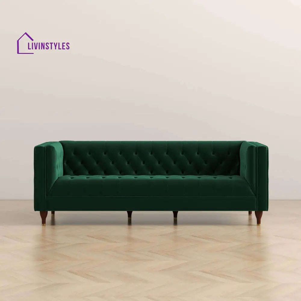 Jeevan Green Three Seater Velvet Sofa For Living Room
