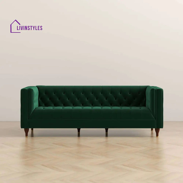 Jeevan Green Three Seater Velvet Sofa For Living Room