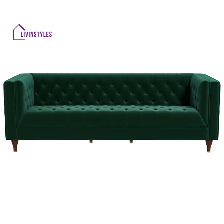 Jeevan Green Three Seater Velvet Sofa For Living Room