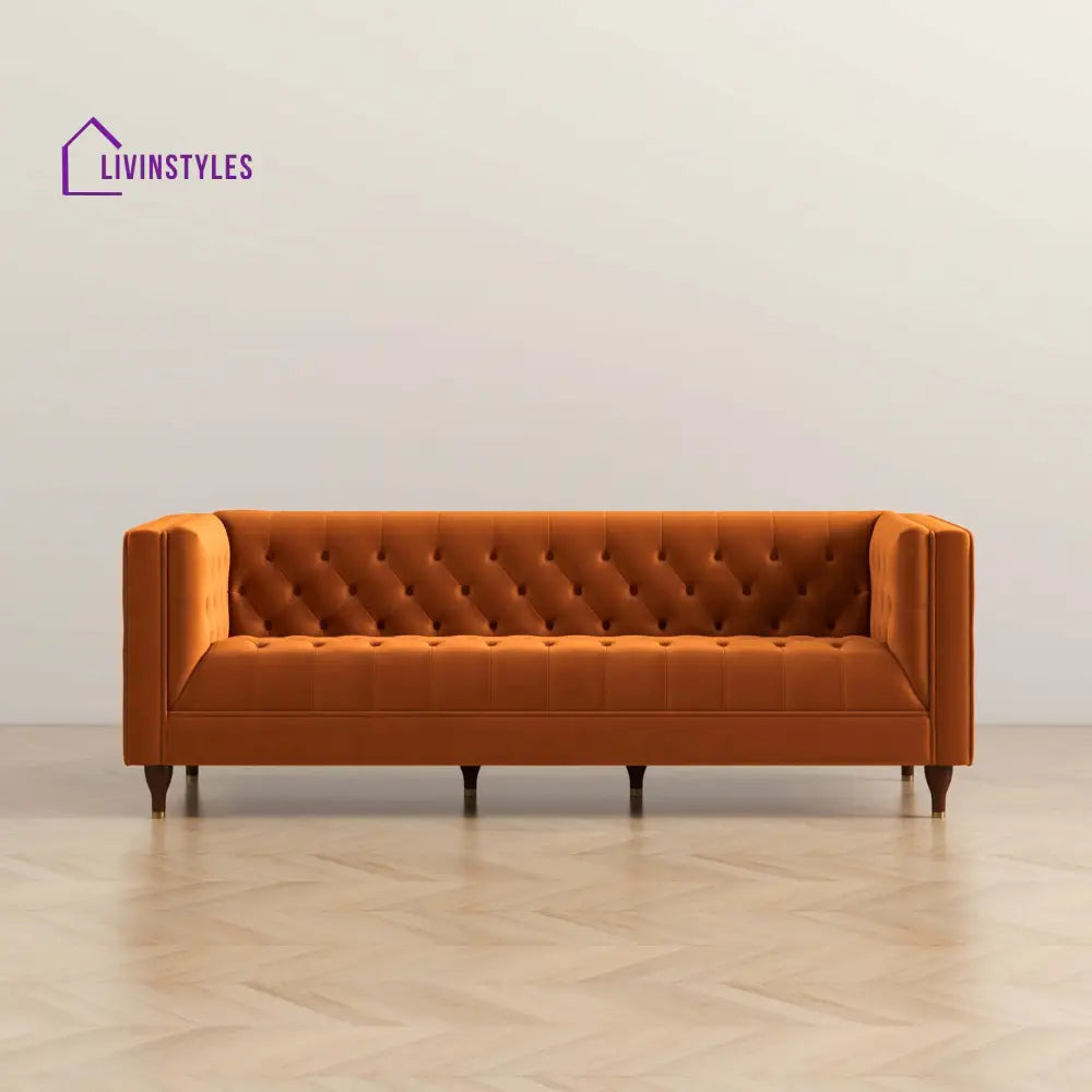 Jeevan Orange Three Seater Velvet Sofa For Living Room
