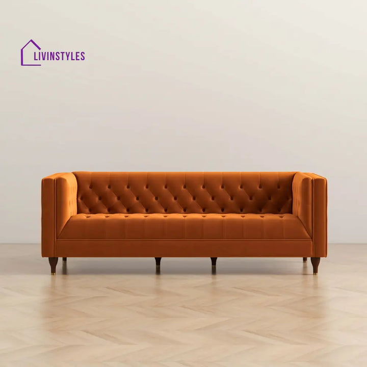Jeevan Orange Three Seater Velvet Sofa For Living Room