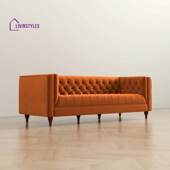Jeevan Orange Three Seater Velvet Sofa For Living Room
