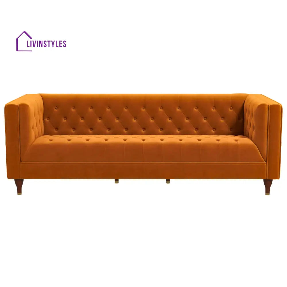 Jeevan Orange Three Seater Velvet Sofa For Living Room