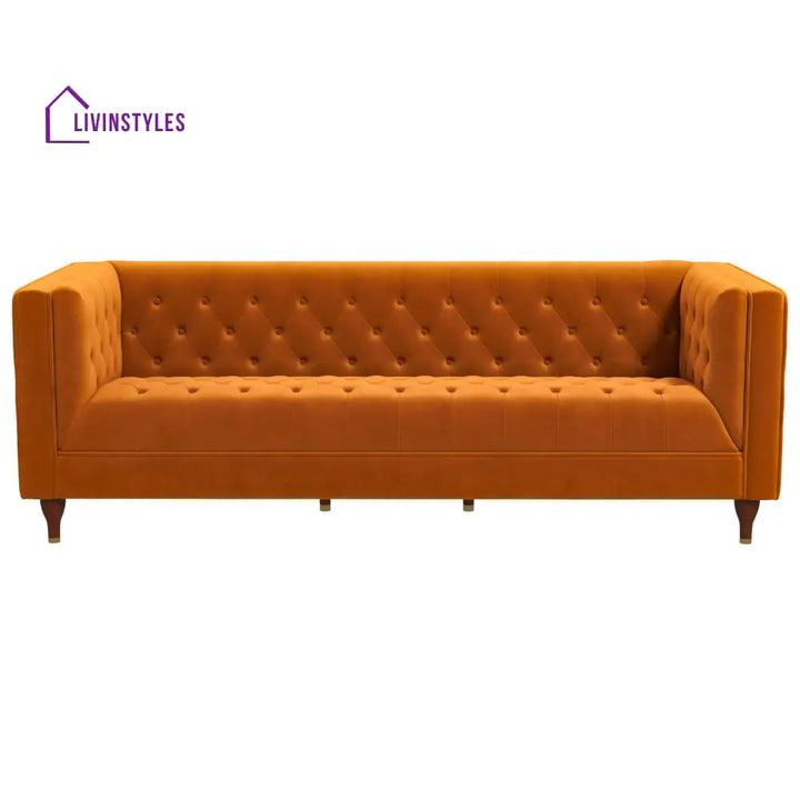 Jeevan Orange Three Seater Velvet Sofa For Living Room