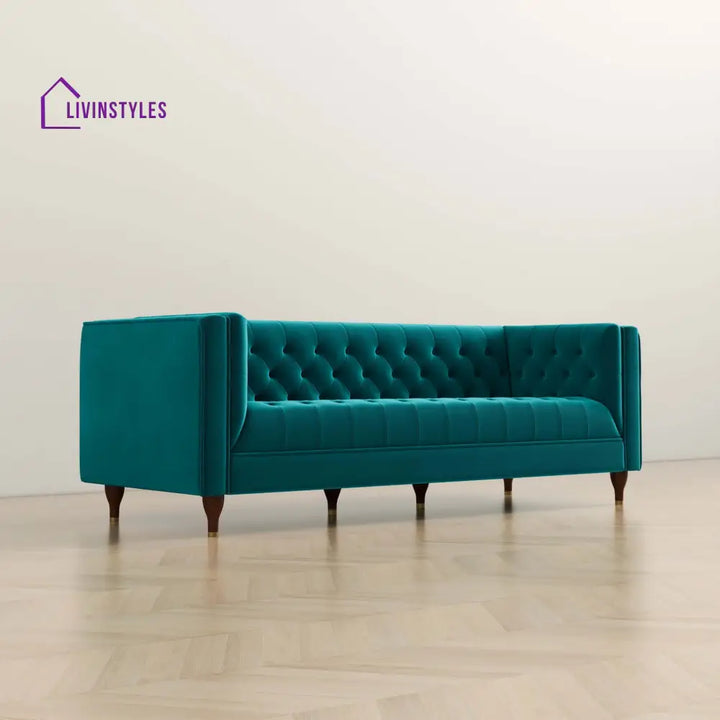 Jeevan Teal Three Seater Velvet Sofa For Living Room