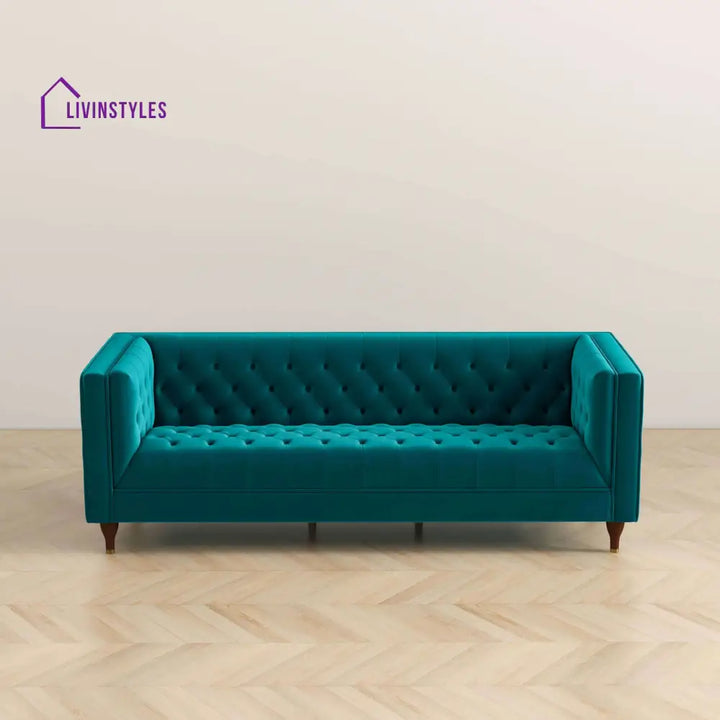 Jeevan Teal Three Seater Velvet Sofa For Living Room