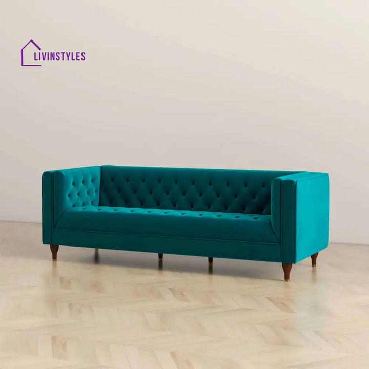 Jeevan Teal Three Seater Velvet Sofa For Living Room