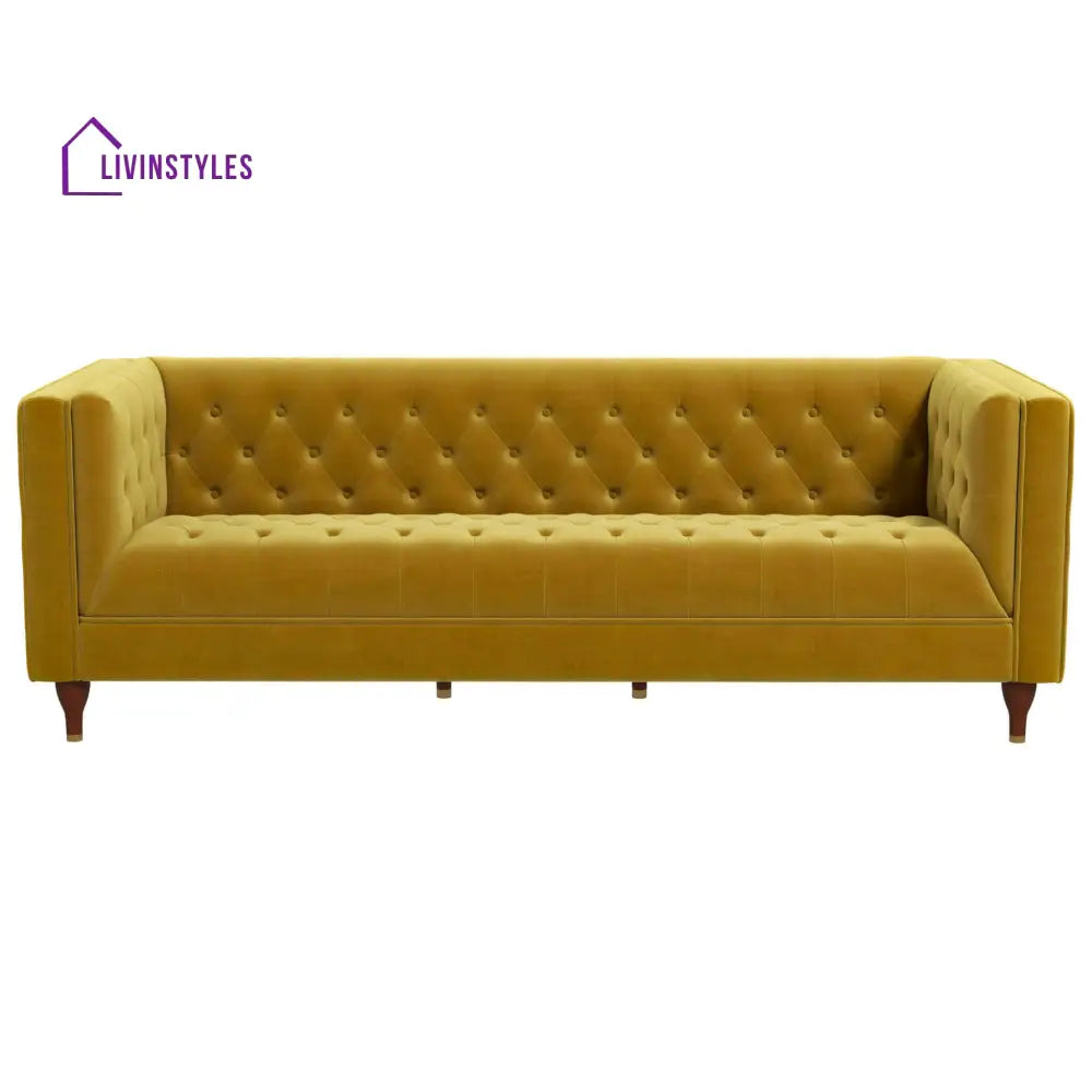 Jeevan Yellow Three Seater Velvet Sofa For Living Room