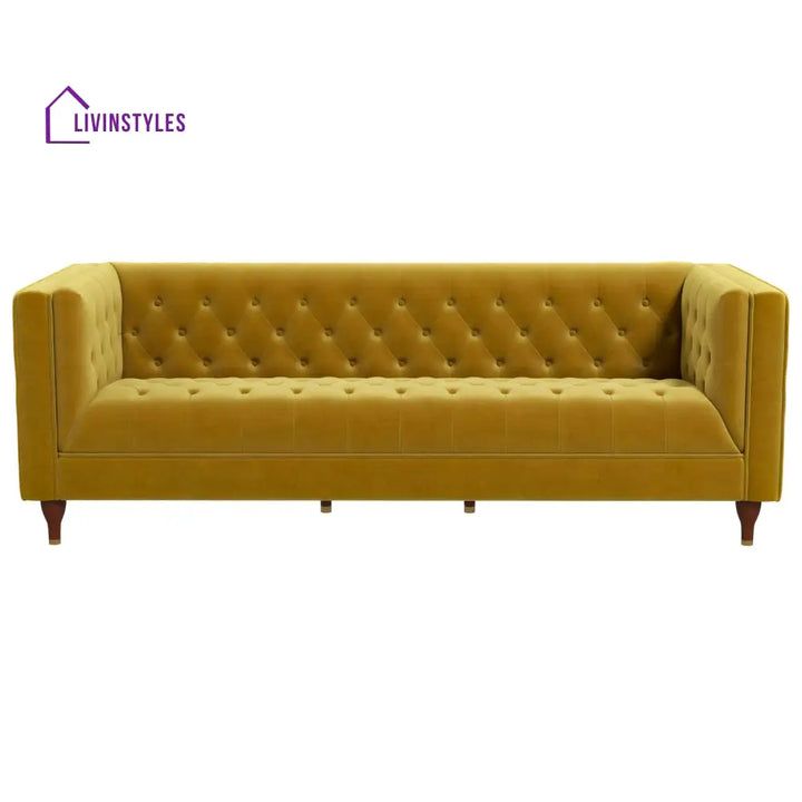 Jeevan Yellow Three Seater Velvet Sofa For Living Room