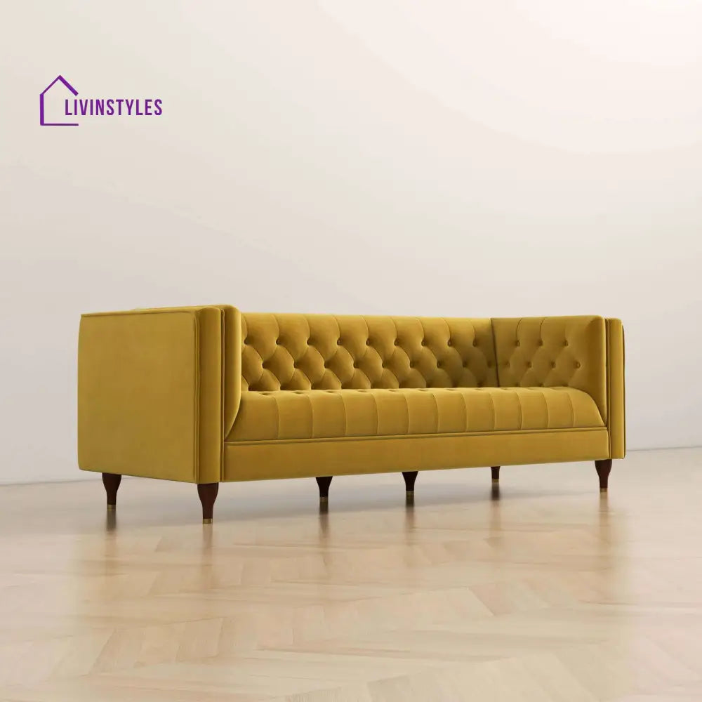 Jeevan Yellow Three Seater Velvet Sofa For Living Room