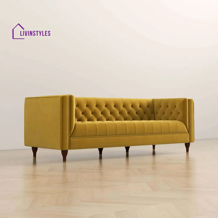 Jeevan Yellow Three Seater Velvet Sofa For Living Room