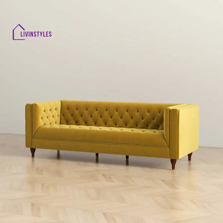 Jeevan Yellow Three Seater Velvet Sofa For Living Room