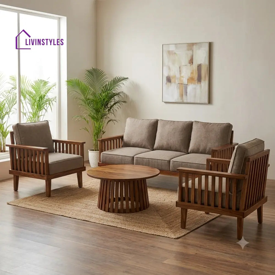 Jeevika Wooden Sofa Set | 3 + 1 + 1 Sheesham Wood Sofa Set for Living Room
