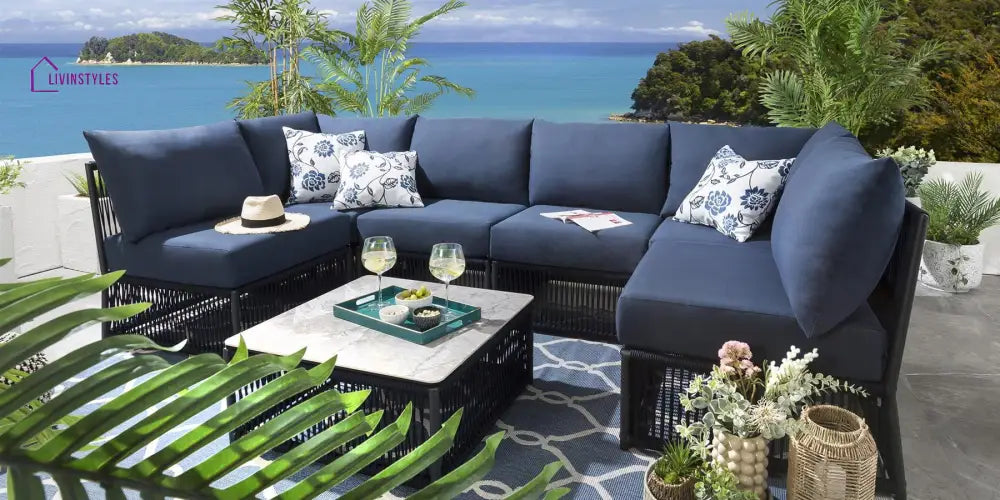 Jerez Outdoor Sofa Set 6 Seater and 1 Center Table Set (Blue) Braided & Rope - Sofa Sets