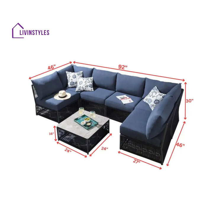 Jerez Outdoor Sofa Set 6 Seater and 1 Center Table Set (Blue) Braided & Rope - Sofa Sets