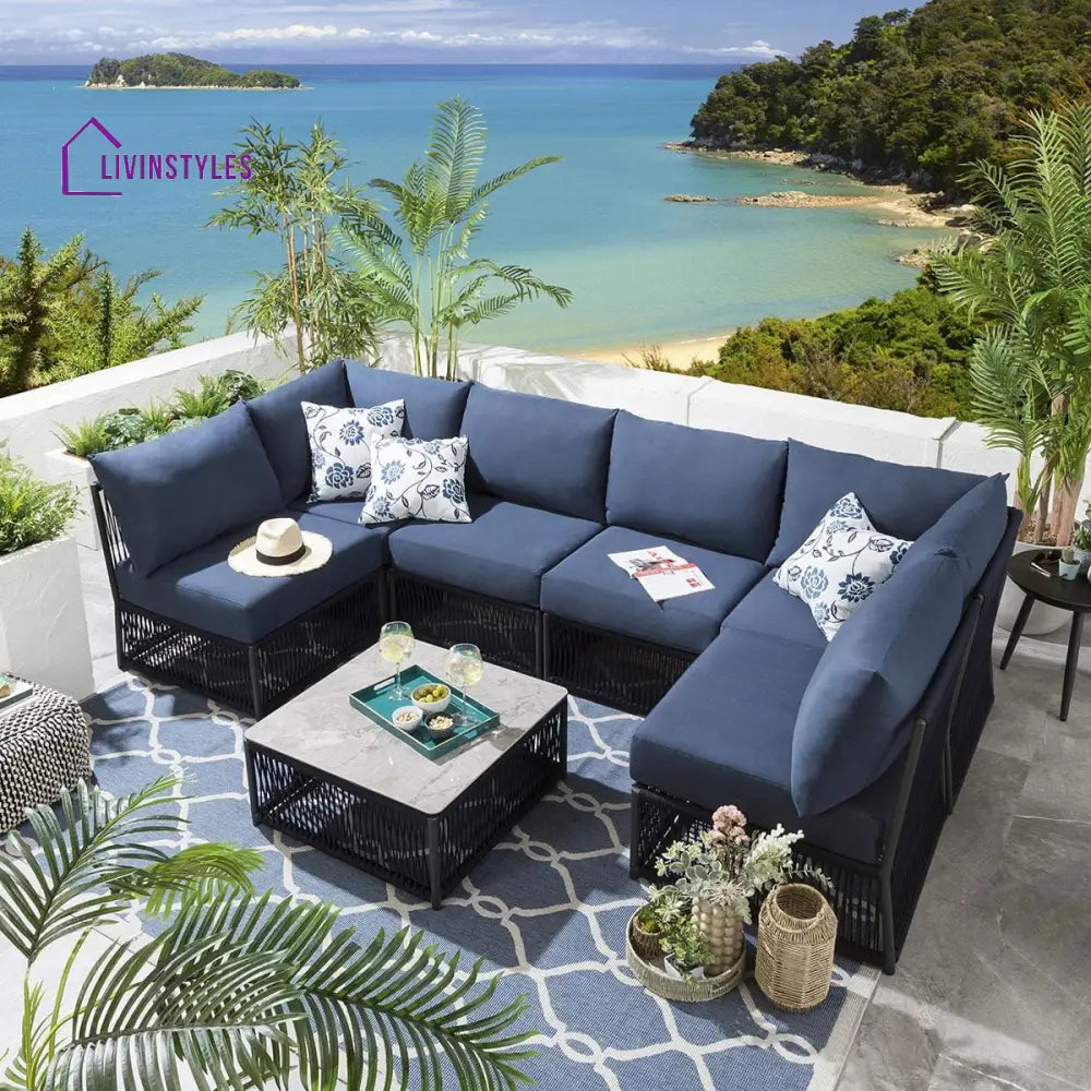 Jerez Outdoor Sofa Set 6 Seater and 1 Center Table Set (Blue) Braided & Rope - Sofa Sets