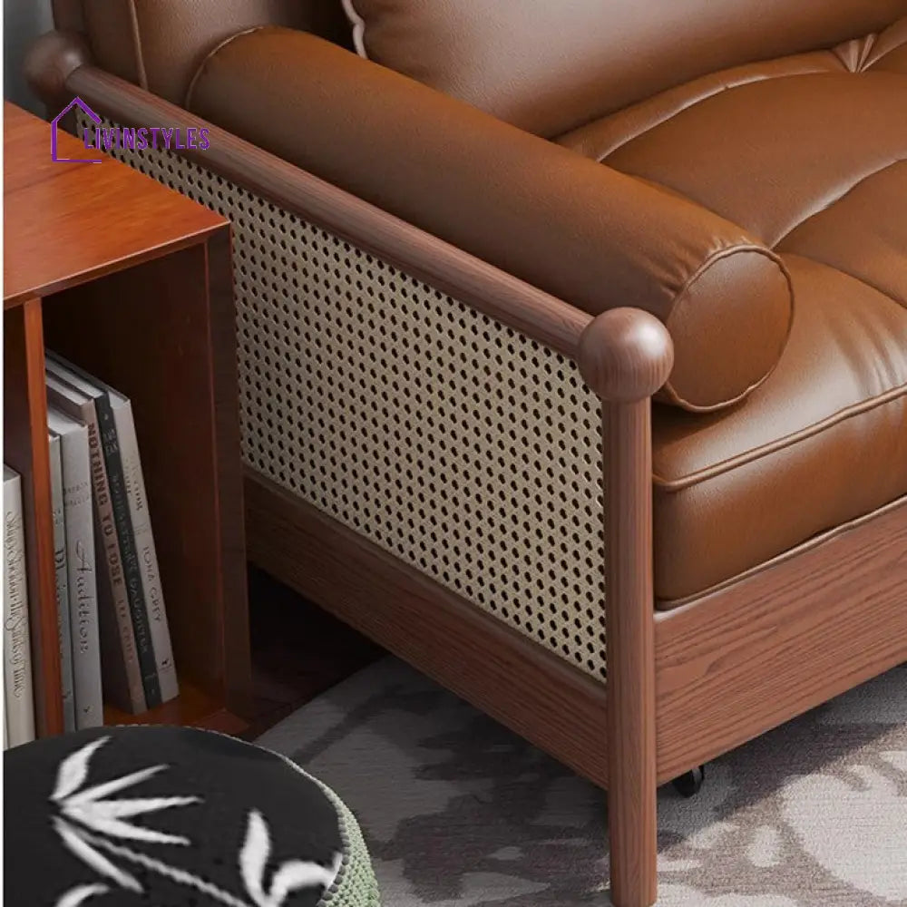 Rattan Weaving Armrests Leathaire Fabric Retro Sofa Bed with Underneath Storage SOFA BED