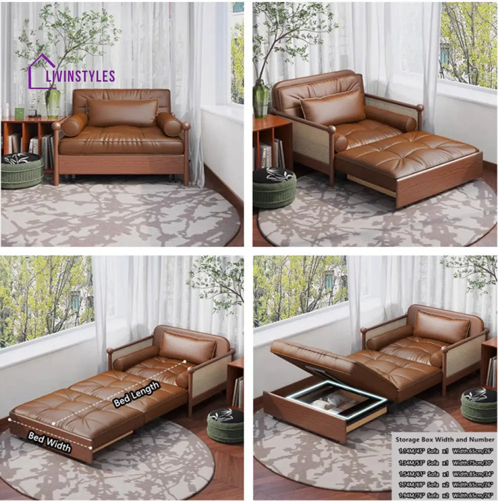 Rattan Weaving Armrests Leathaire Fabric Retro Sofa Bed with Underneath Storage 1.14M/45INCH / Brown SOFA BED