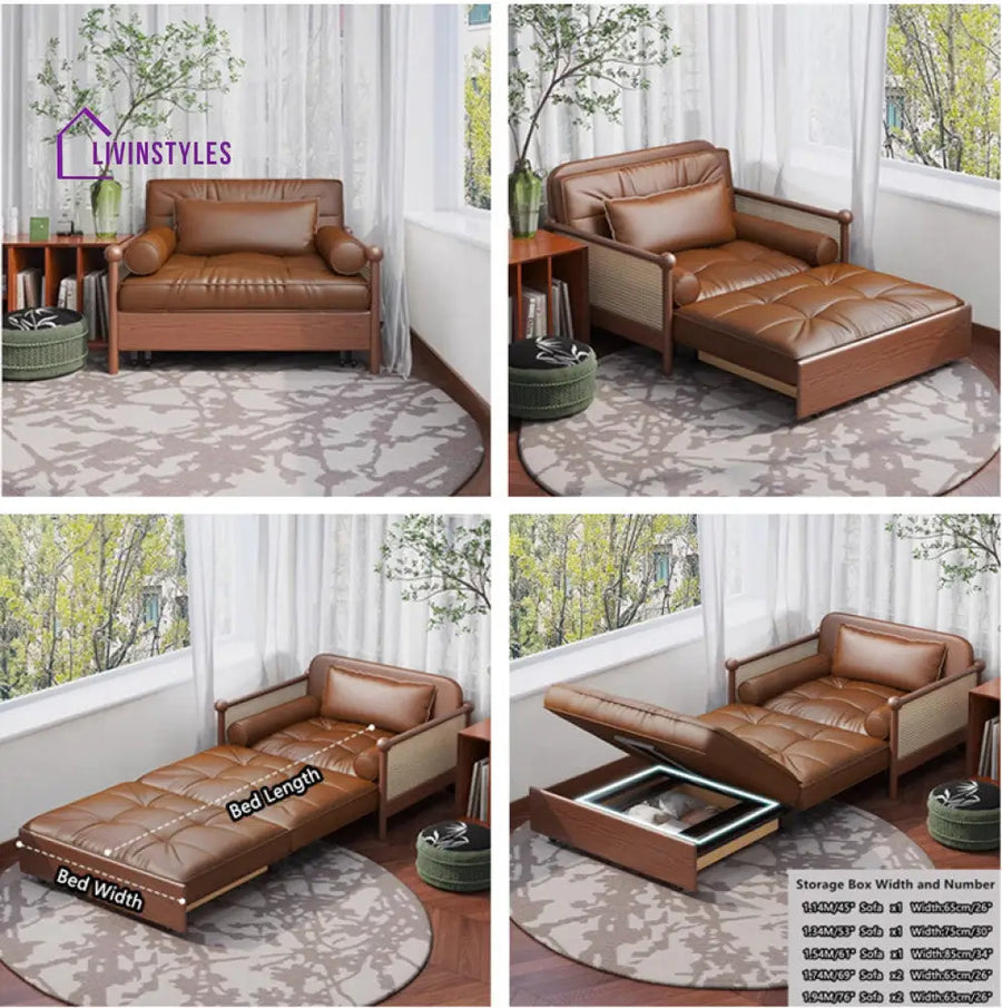 Rattan Weaving Armrests Leathaire Fabric Retro Sofa Bed with Underneath Storage 1.14M/45INCH / Brown SOFA BED
