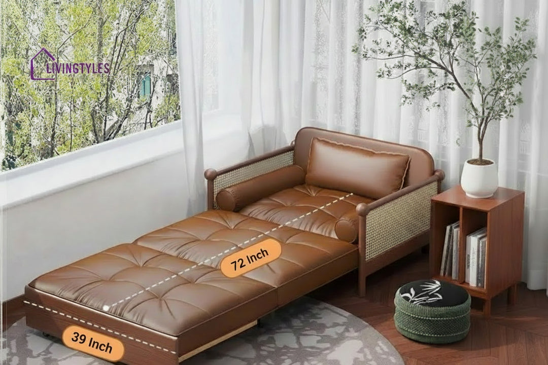 Rattan Weaving Armrests Leathaire Fabric Retro Sofa Bed with Underneath Storage SOFA BED