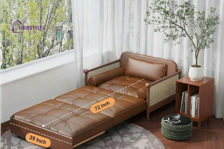 Rattan Weaving Armrests Leathaire Fabric Retro Sofa Bed with Underneath Storage SOFA BED