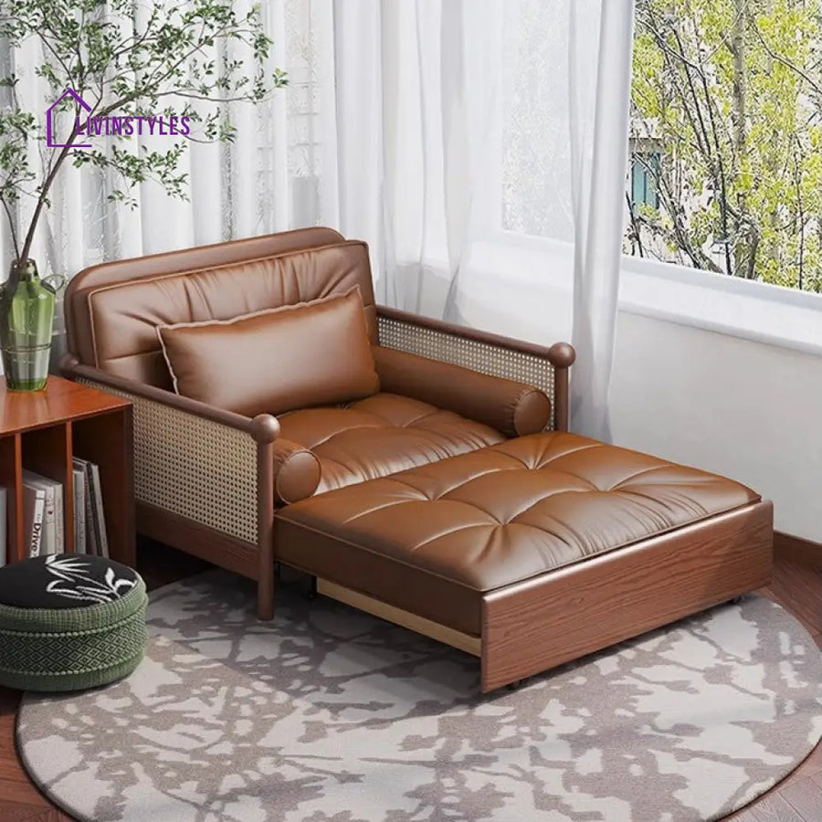 Rattan Weaving Armrests Leathaire Fabric Retro Sofa Bed with Underneath Storage SOFA BED