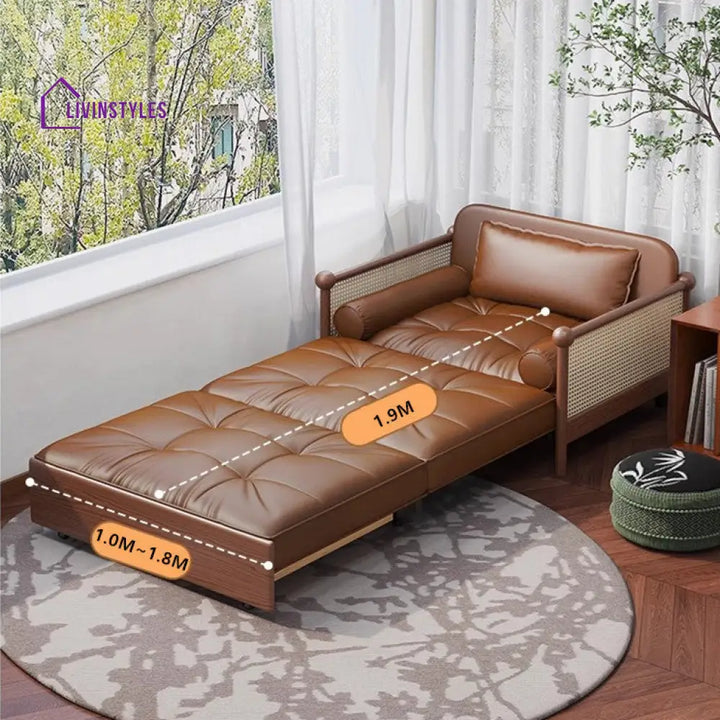 Rattan Weaving Armrests Leathaire Fabric Retro Sofa Bed with Underneath Storage SOFA BED