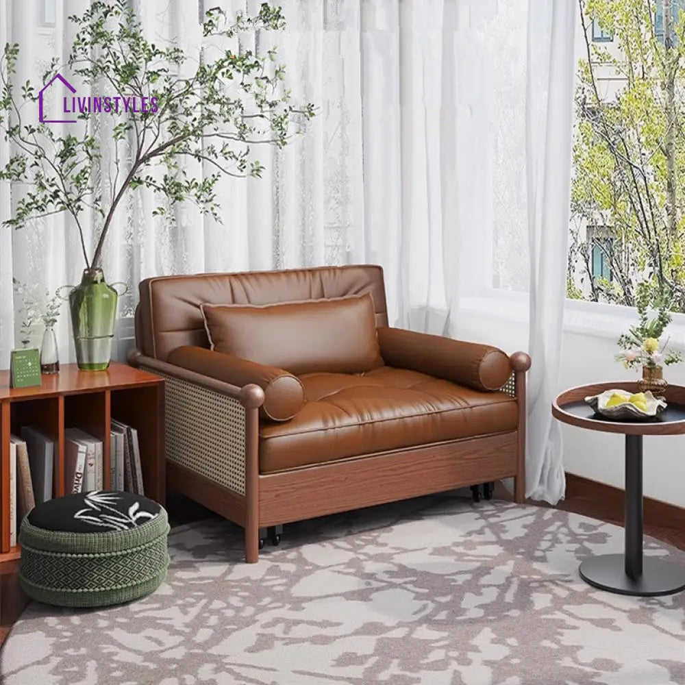 Rattan Weaving Armrests Leathaire Fabric Retro Sofa Bed with Underneath Storage SOFA BED