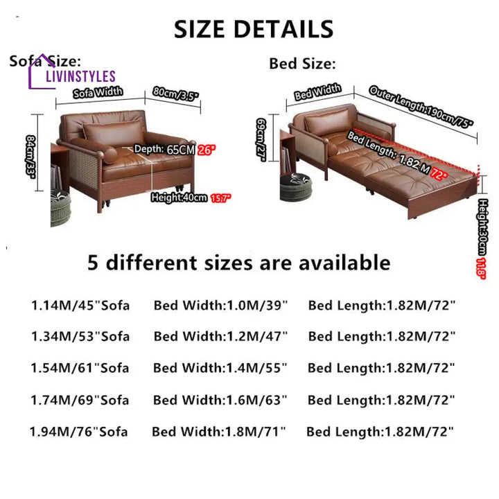 Rattan Weaving Armrests Leathaire Fabric Retro Sofa Bed with Underneath Storage SOFA BED