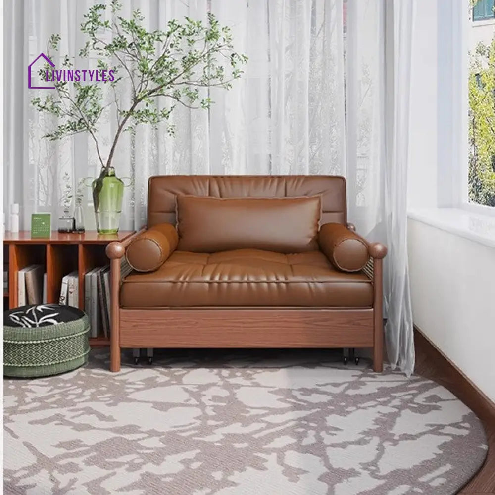 Rattan Weaving Armrests Leathaire Fabric Retro Sofa Bed with Underneath Storage SOFA BED