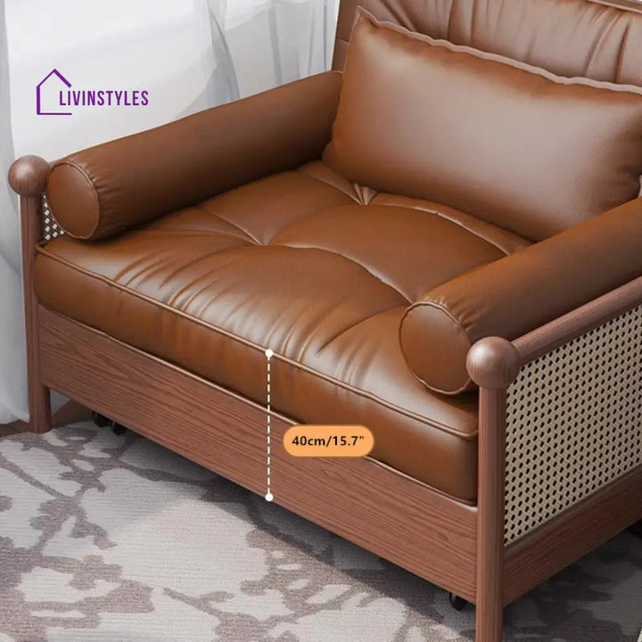 Rattan Weaving Armrests Leathaire Fabric Retro Sofa Bed with Underneath Storage SOFA BED