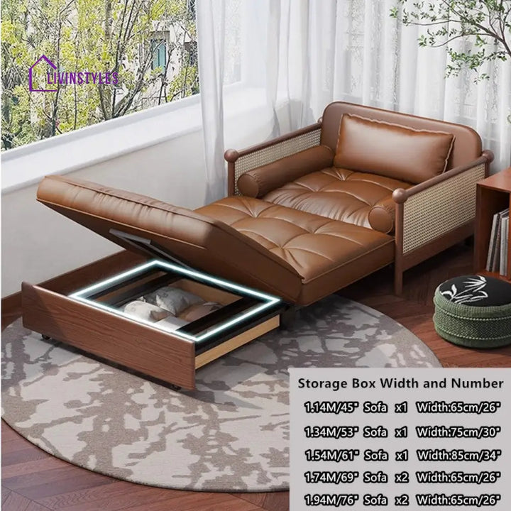Rattan Weaving Armrests Leathaire Fabric Retro Sofa Bed with Underneath Storage SOFA BED